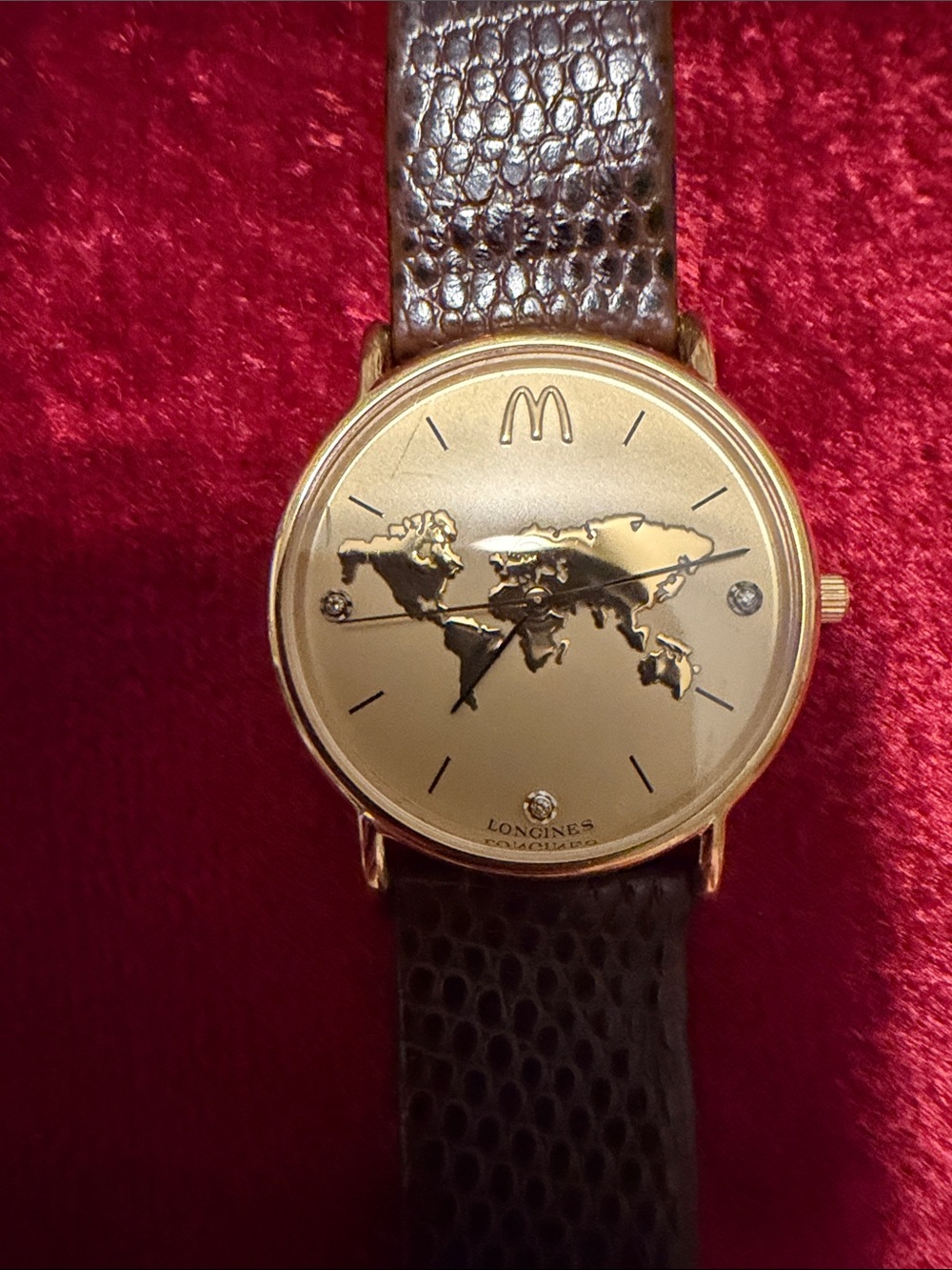 Longines Gold World Map McDonalds Watch- lizard Brown Strap excellent condition